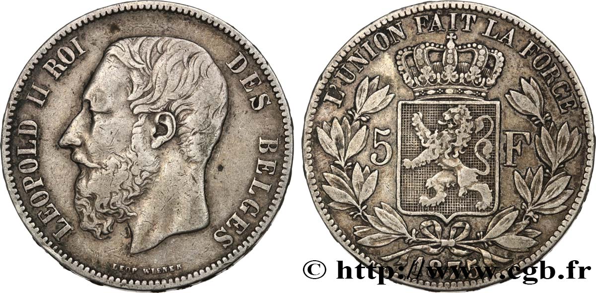 BELGIUM 5 Francs Léopold II 1875  VF 