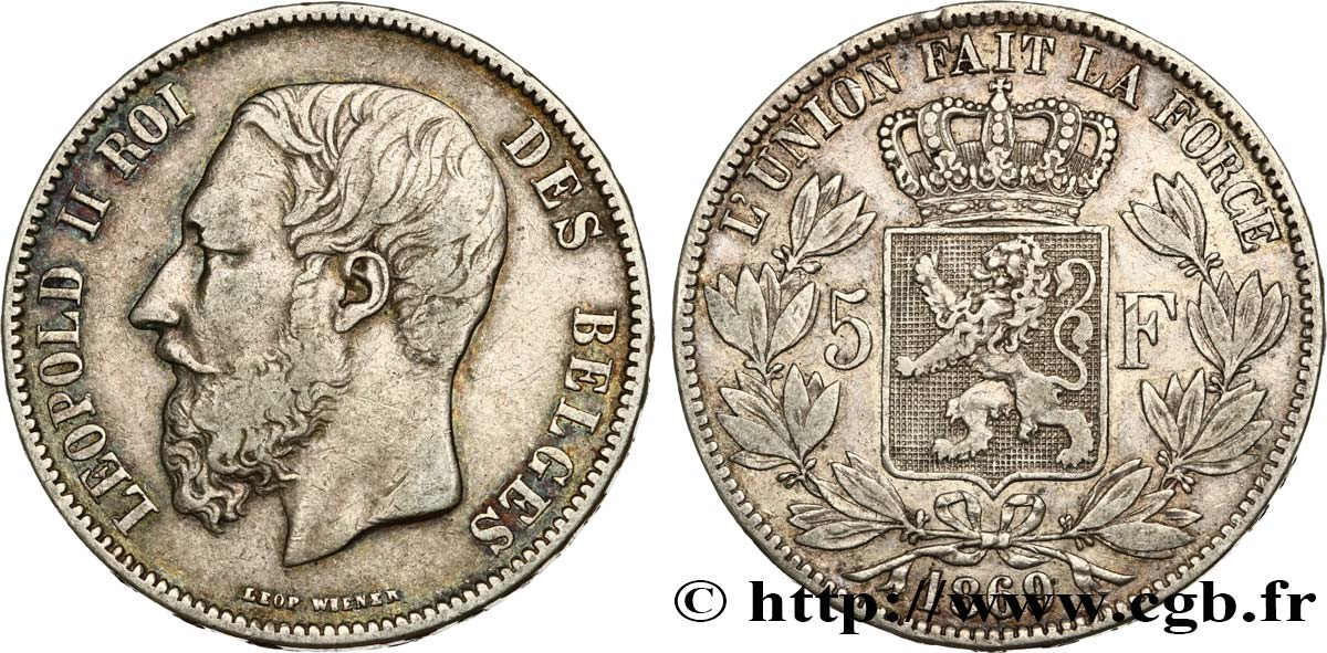 BELGIEN 5 Francs Léopold II 1869  fSS 