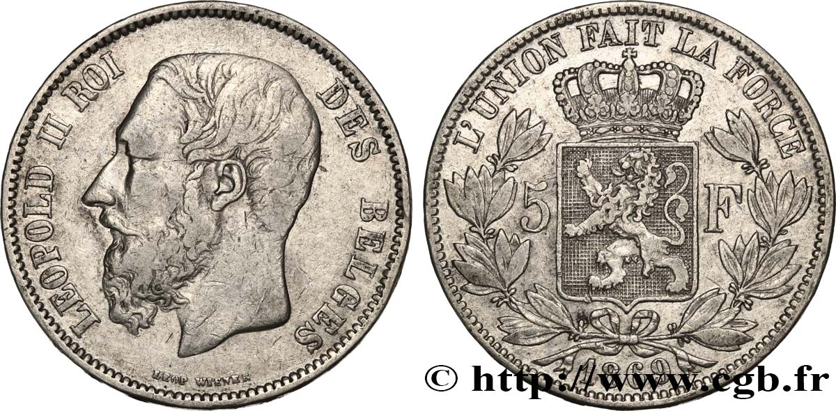 BELGIUM 5 Francs Léopold II 1869  VF 