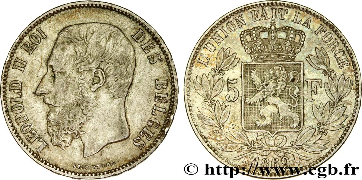 BELGIEN 5 Francs Léopold II 1869  SS 