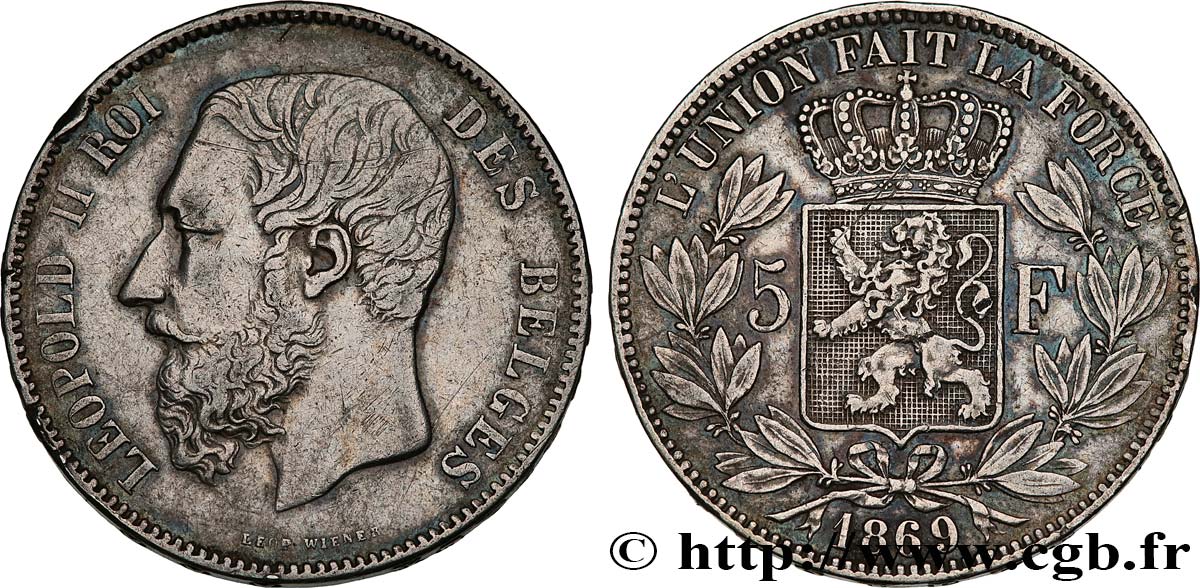 BELGIUM 5 Francs Léopold II 1869  VF 