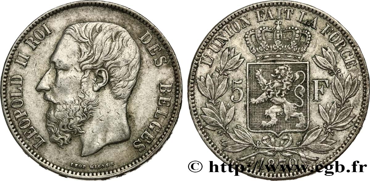 BELGIEN 5 Francs Léopold II 1870  SS 