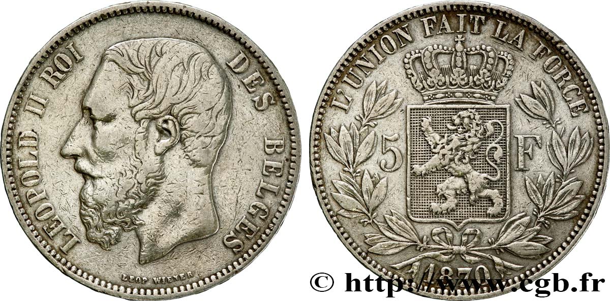 BELGIQUE 5 Francs Léopold II 1870  TB+ 