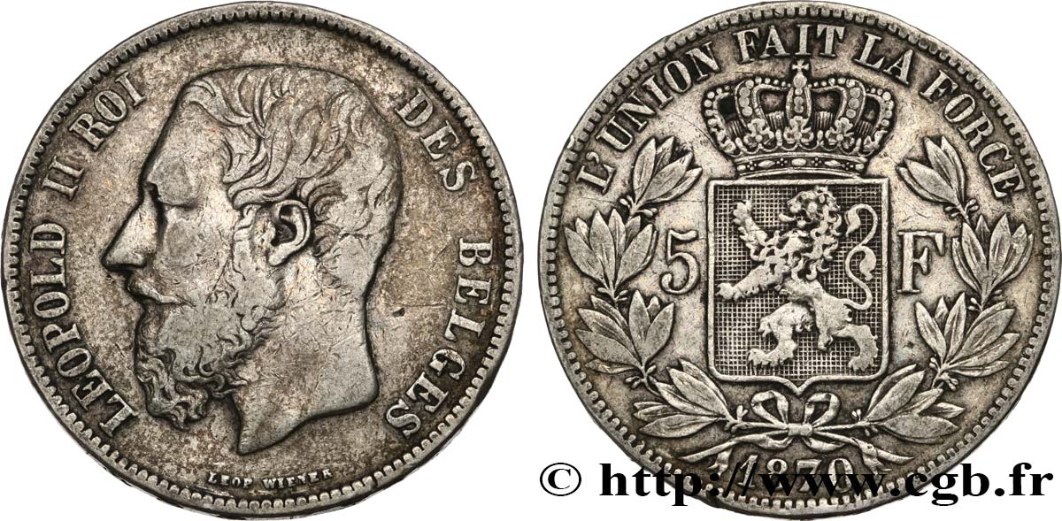 BELGIQUE 5 Francs Léopold II 1870  TB+ 