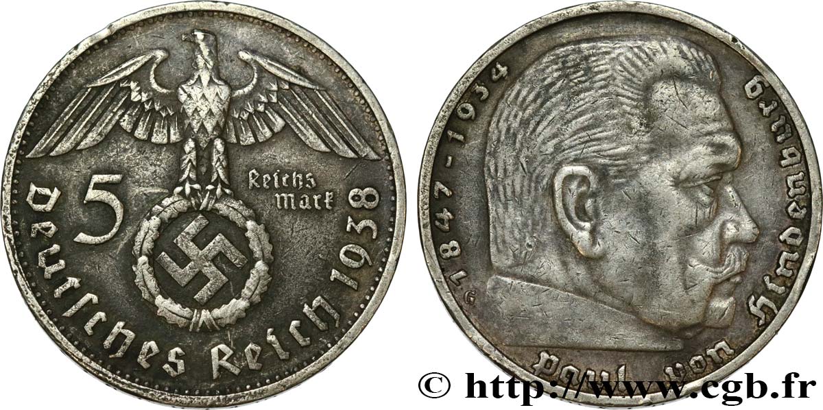 ALLEMAGNE 5 Reichsmark Maréchal Paul von Hindenburg 1938 Karlsruhe TTB 