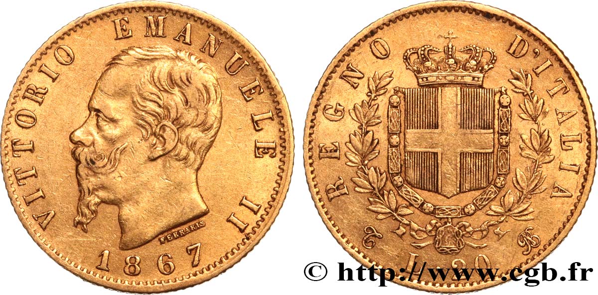 INVESTMENT GOLD 20 Lire Victor Emmanuel II  1867 Turin MBC+ 