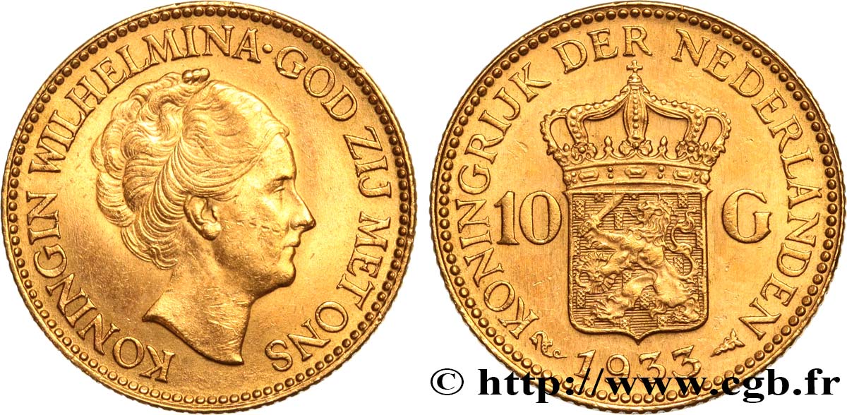 INVESTMENT GOLD 10 Gulden 4e type Wilhelmina 1933 Utrecht EBC 