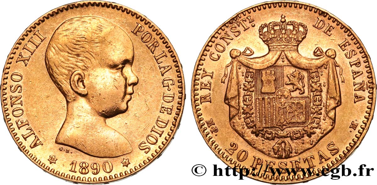 INVESTMENT GOLD 20 Pesetas Alphonse XIII 1890 Madrid AU/XF 