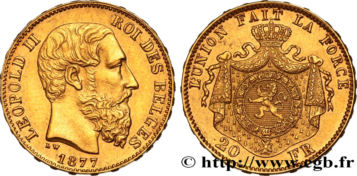 INVESTMENT GOLD 20 Francs Léopold II 1877 Bruxelles AU/AU 