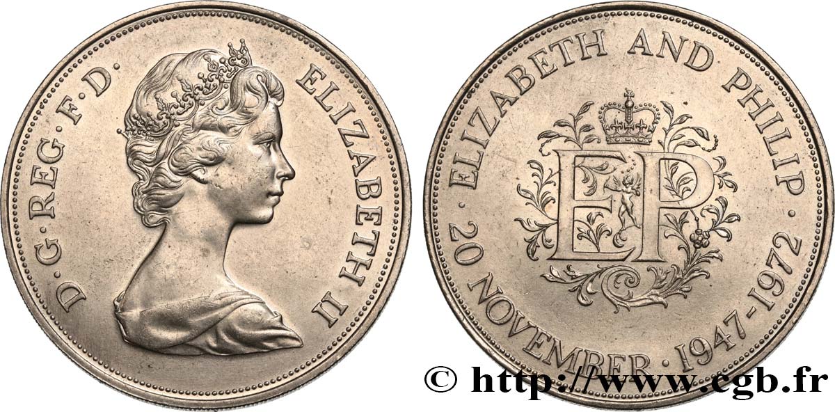 ROYAUME-UNI 25 New Pence (1 Crown) 25e anniversaire de mariage d’Elisabeth II 1972  SUP 