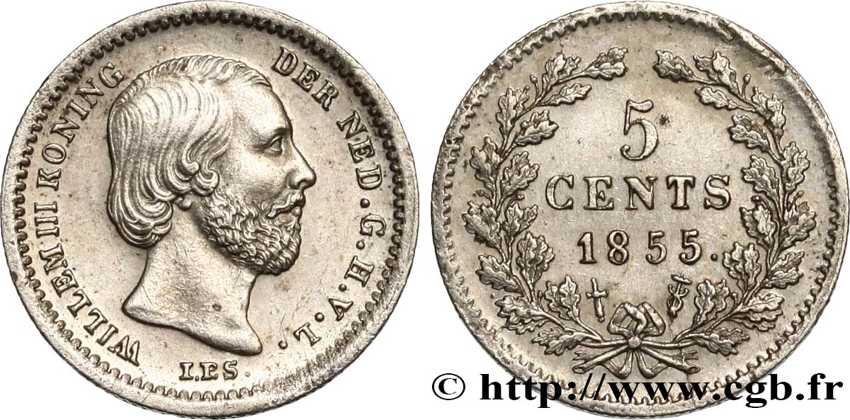 NETHERLANDS 5 Cents Guillaume III 1855 Utrecht AU 