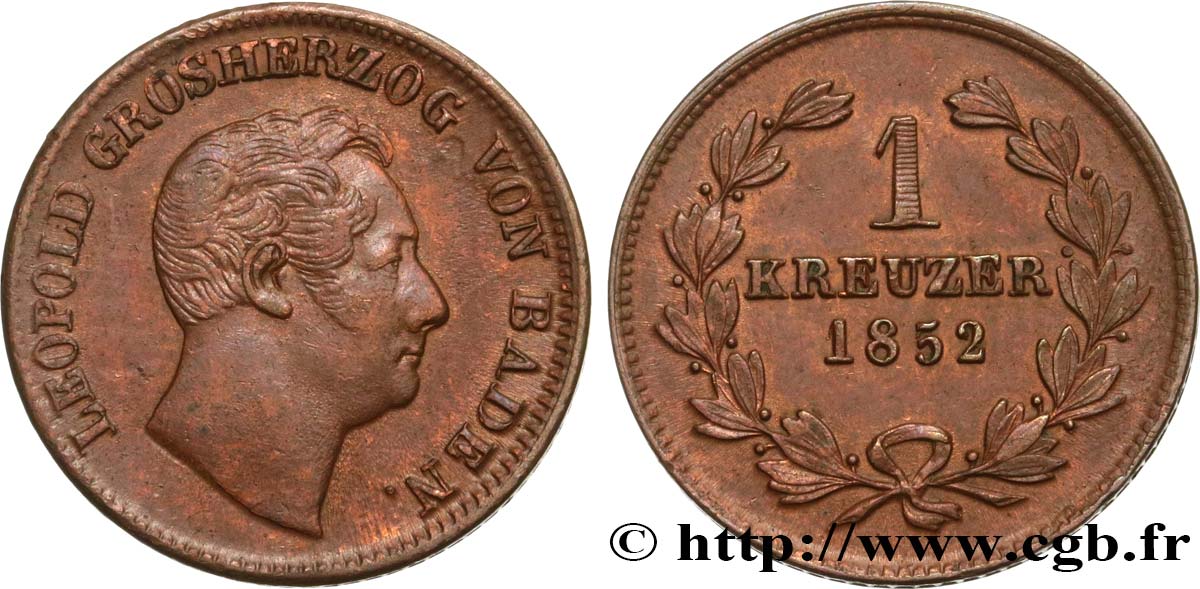 GERMANY - BADEN 1 Kreuzer Léopold 1852  XF 