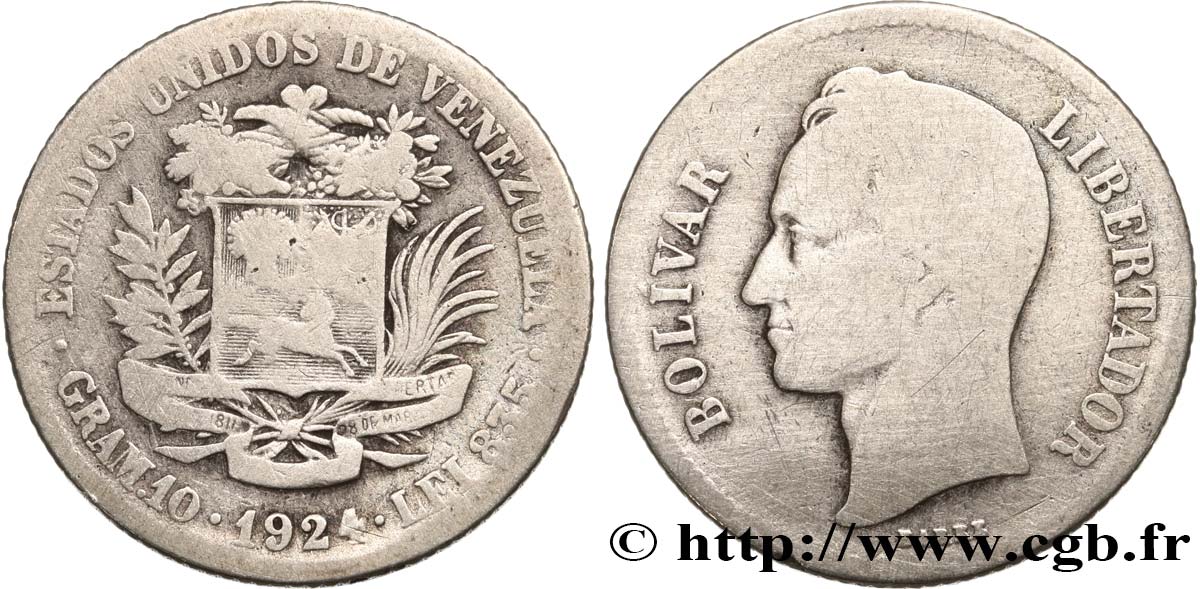 VENEZUELA 2 Bolivares Simon Bolivar 1924 Philadelphie F 