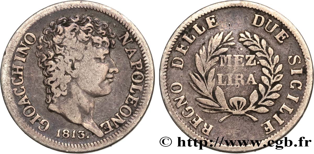 ITALIA - REINO DE NÁPOLES - JOAQUÍM MURAT 1/2 Lira 1813 Naples BC+ 