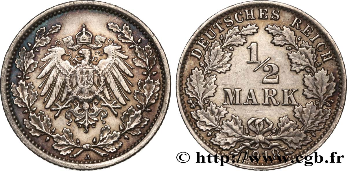 GERMANY 1/2 Mark 1918 Berlin AU 