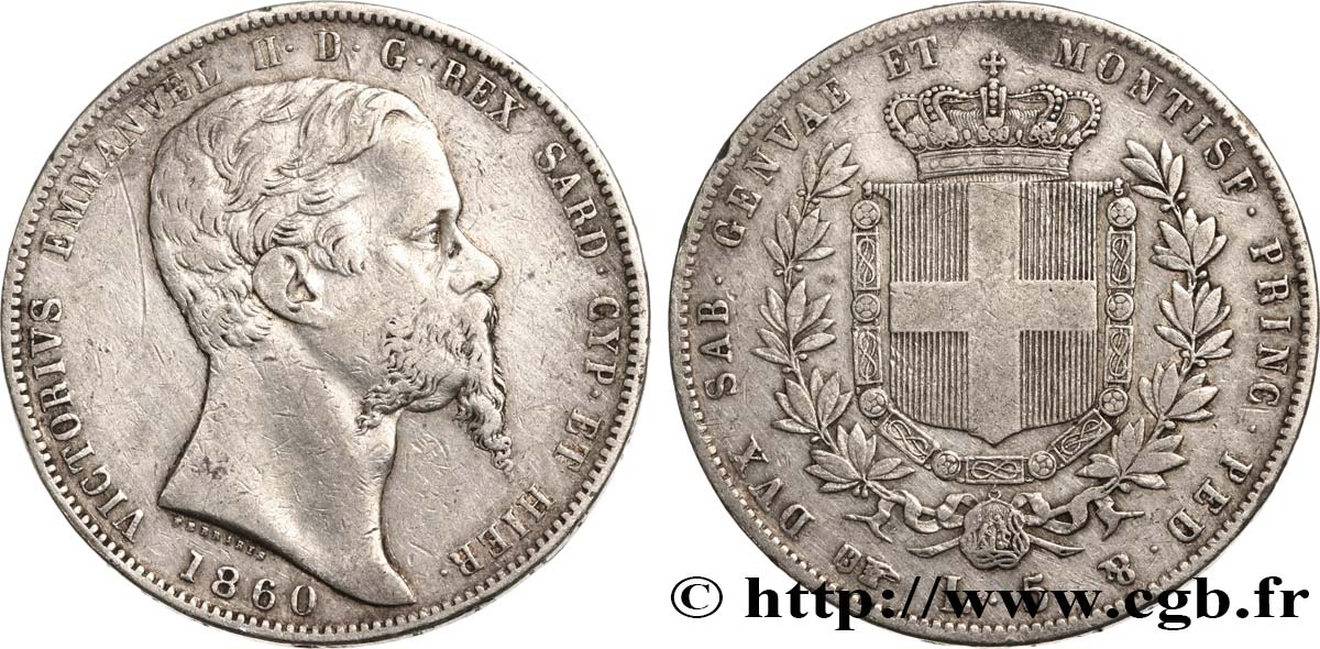 ITALY - KINGDOM OF SARDINIA 5 Lire 1860 Turin XF 