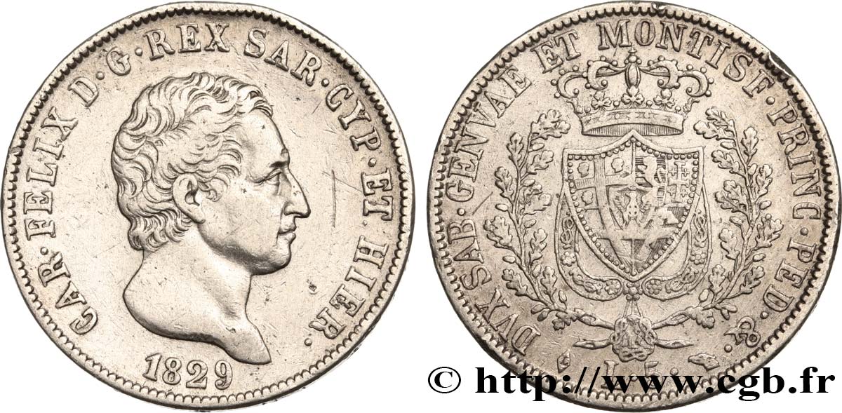 ITALIEN - KÖNIGREICH SARDINIEN 5 Lire Charles Félix 1829 Turin fSS 