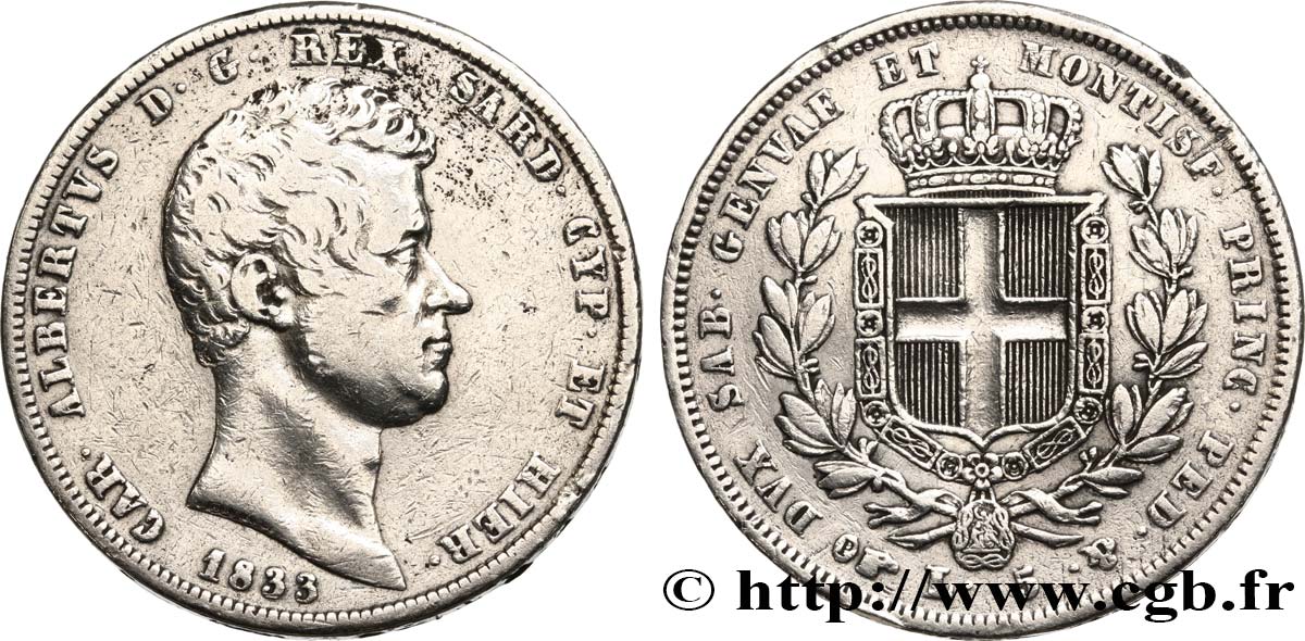ITALY - KINGDOM OF SARDINIA 5 Lire Charles Albert 1833 Turin VF 