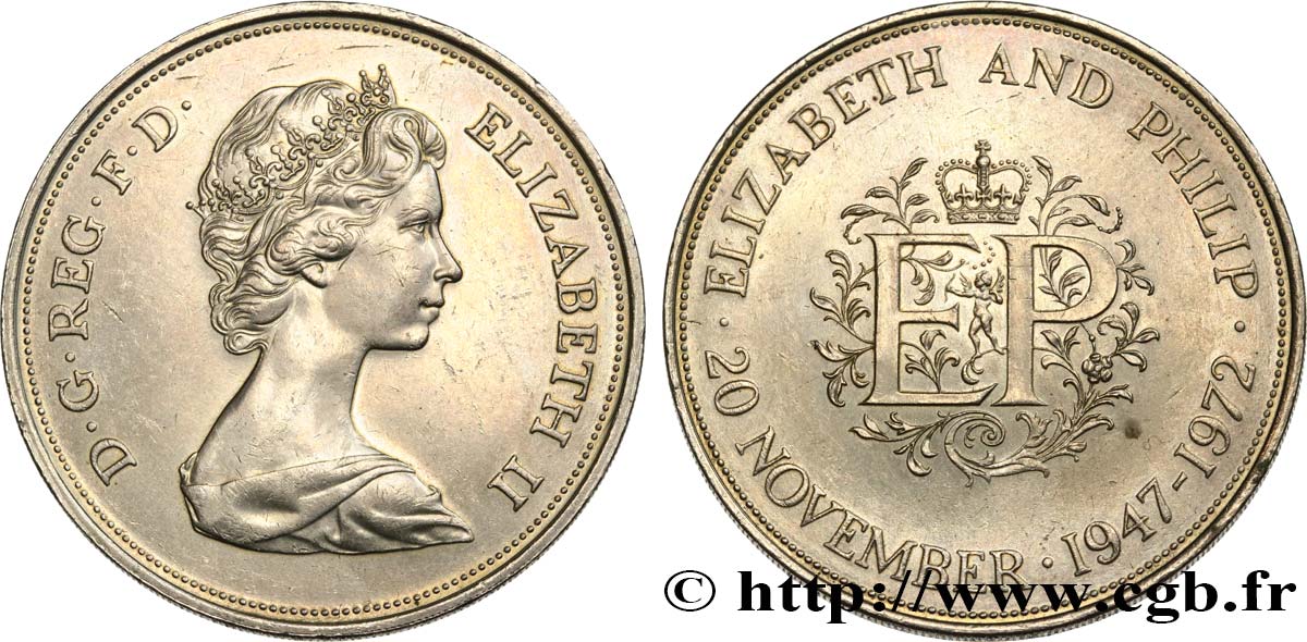 VEREINIGTEN KÖNIGREICH 25 New Pence (1 Crown) 25e anniversaire de mariage d’Elisabeth II 1972  VZ 