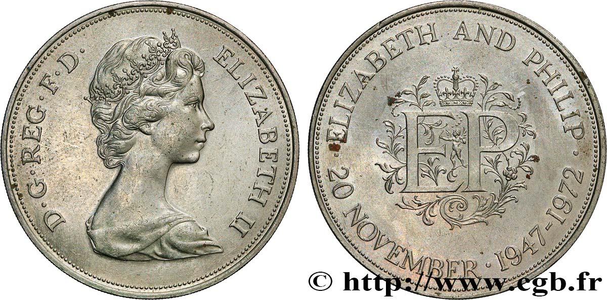 UNITED KINGDOM 25 New Pence (1 Crown) 25e anniversaire de mariage d’Elisabeth II 1972  AU 