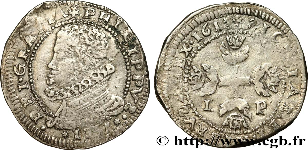 ITALY - KINGDOM OF NAPLES AND SICILY - PHILIP III OF SPAIN 1/2 Scudo 1612 Messine XF 