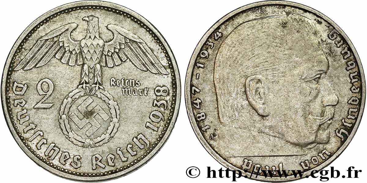ALLEMAGNE 2 Reichsmark aigle surmontant une swastika / Maréchal Paul von Hindenburg 1938 Berlin - A TTB 