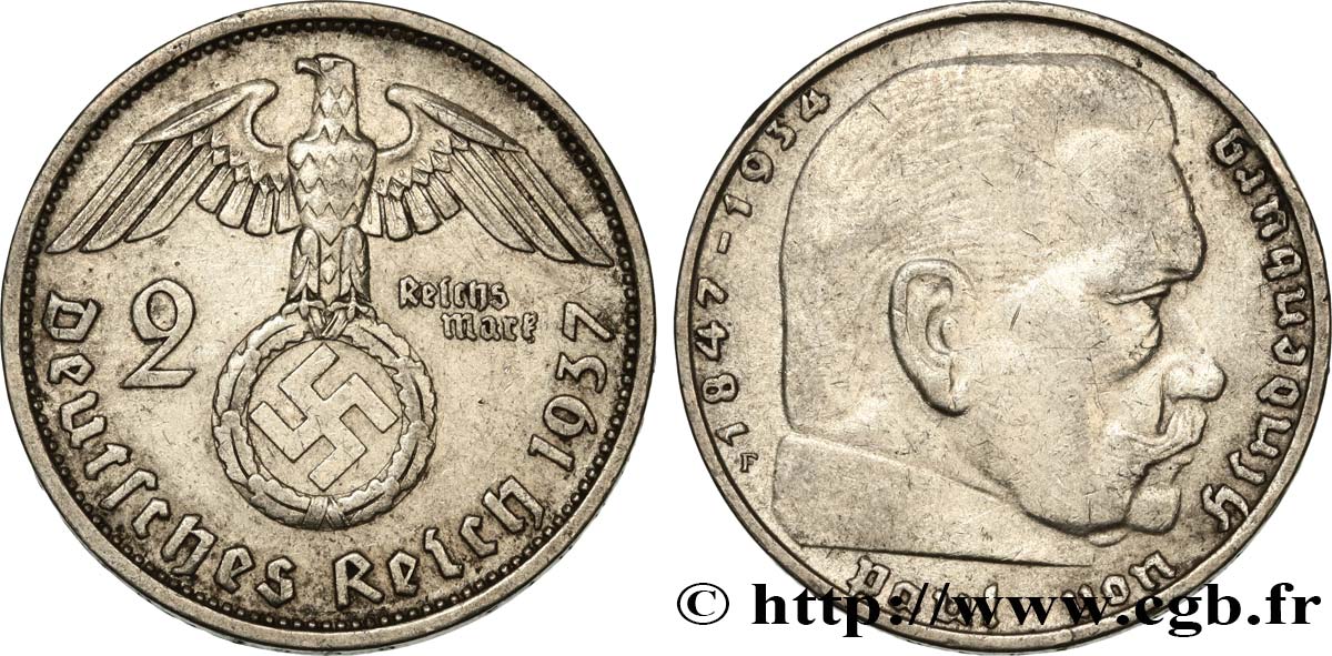 DEUTSCHLAND 2 Reichsmark aigle surmontant une swastika / Maréchal Paul von Hindenburg 1937 Stuttgart - F SS 