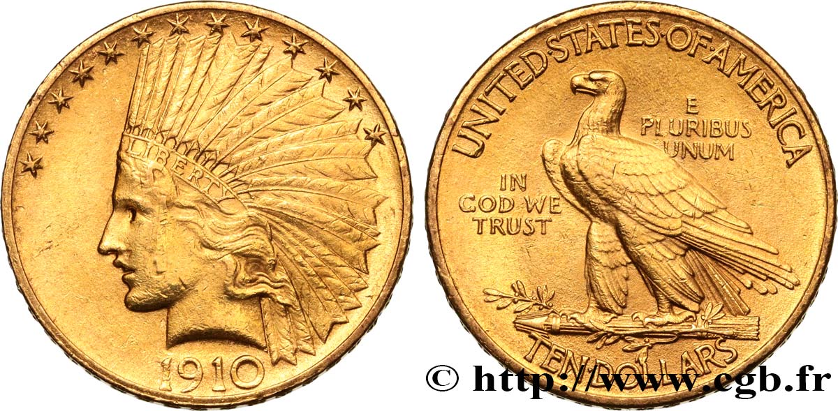 ÉTATS-UNIS D AMÉRIQUE 10 Dollars  Indian Head , 2e type 1910 Philadelphie q.SPL/SPL 