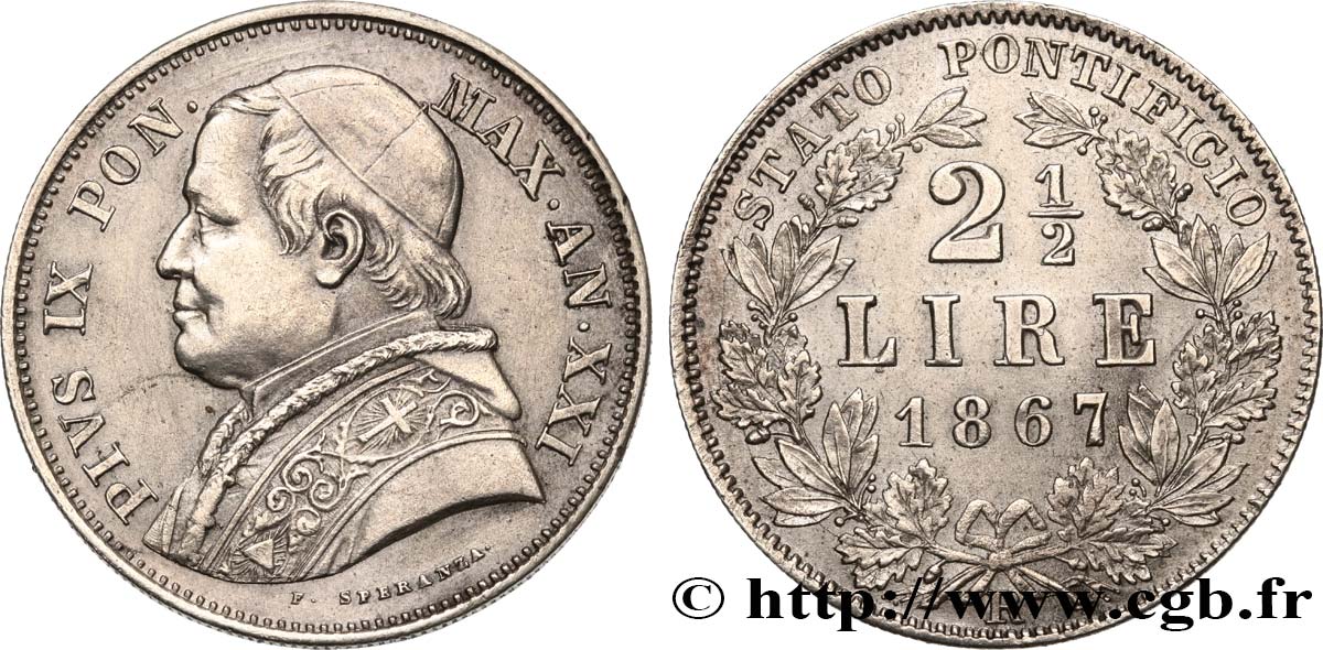 VATICAN AND PAPAL STATES 2 1/2 Lire Pie IX an XXI 1867 Rome AU 
