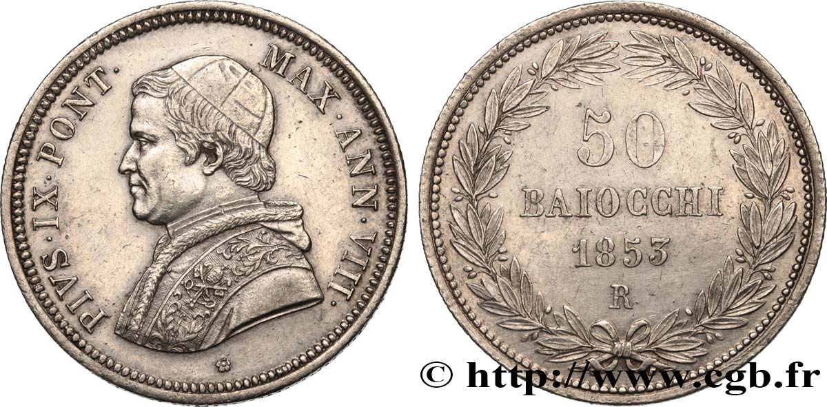 VATICAN AND PAPAL STATES 50 Baiocchi Pie IX an VIII 1853 Rome AU 