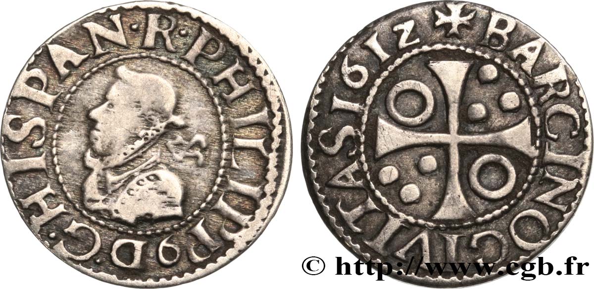 SPAIN - KINGDOM OF SPAIN - PHILIP III 1/2 Real frappe pour Barcelone 1612 Barcelone XF 