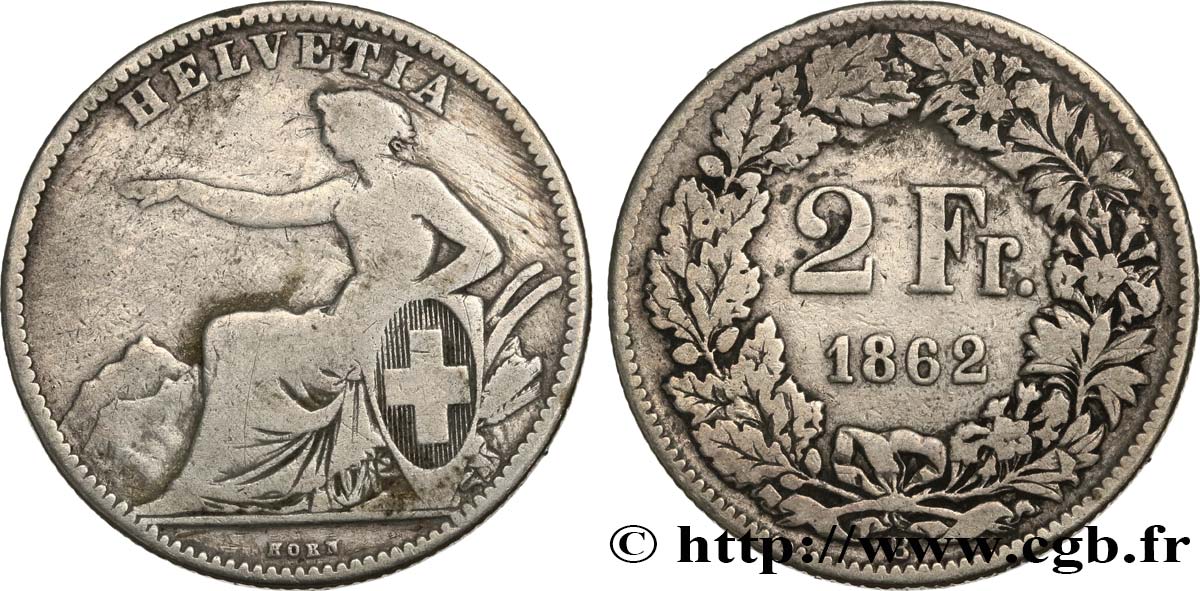 SUISSE 2 Francs Helvetia 1862 Berne TB 