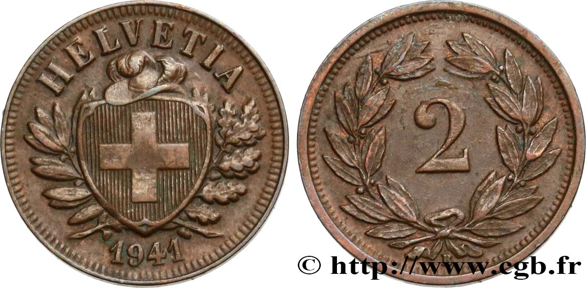 SCHWEIZ 2 Centimes (Rappen) croix suisse 1941 Berne - B VZ 