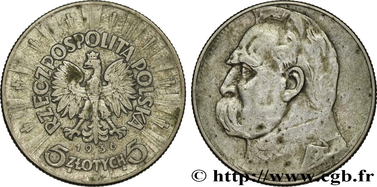 POLOGNE 5 Zlotych Maréchal Pilsudski 1936 Varsovie TTB 
