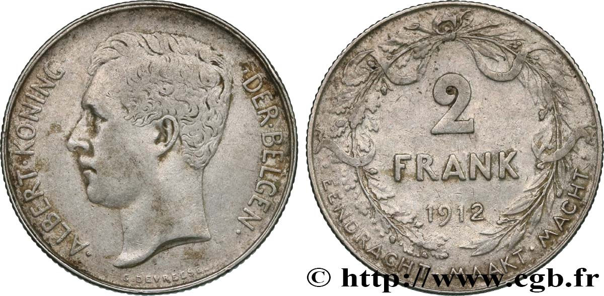BELGIUM 2 Frank (Francs) Albert Ier légende flamande 1912  VF/MS 