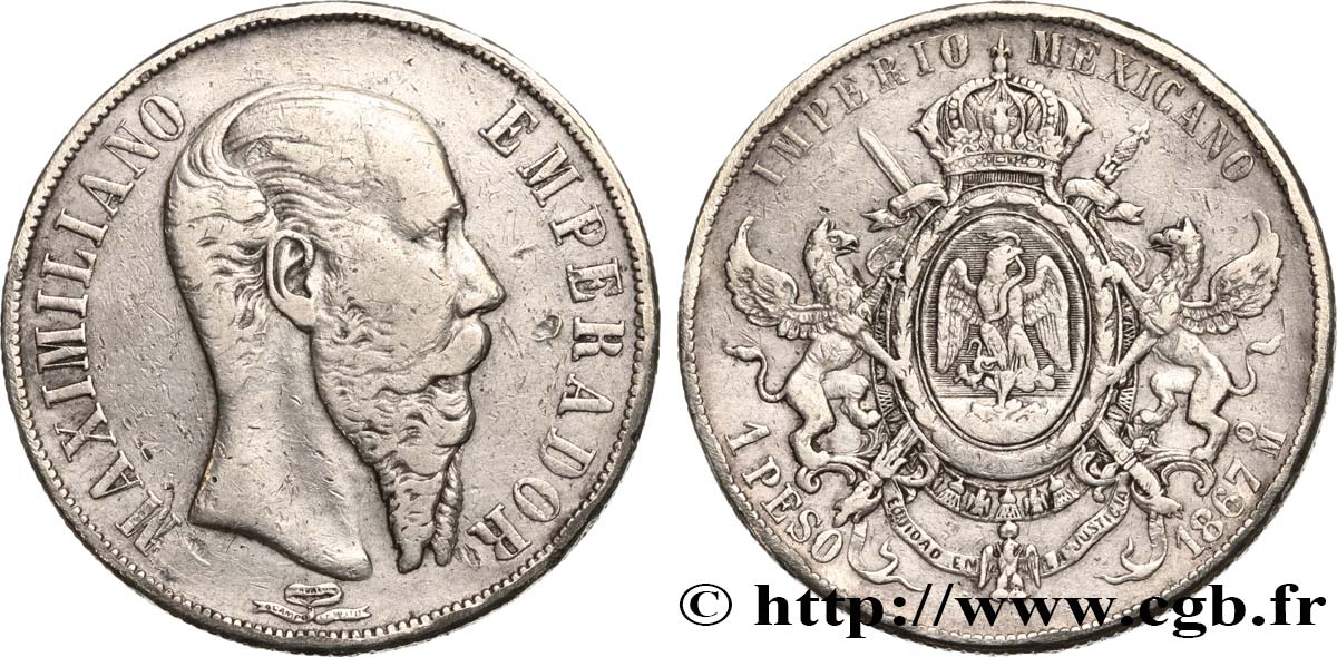 MEXIQUE - MAXIMILIEN Ier 1 Peso 1867 Mexico q.BB 