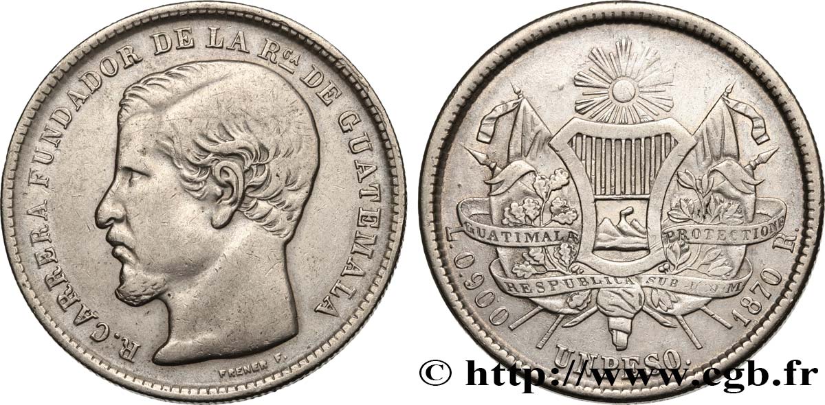 GUATEMALA 1 Peso Rafael Carrera 1870  XF 