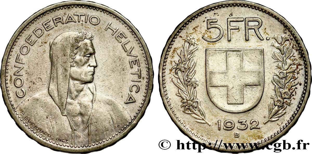 SWITZERLAND 5 Francs Berger des Alpes 1932 Berne XF 