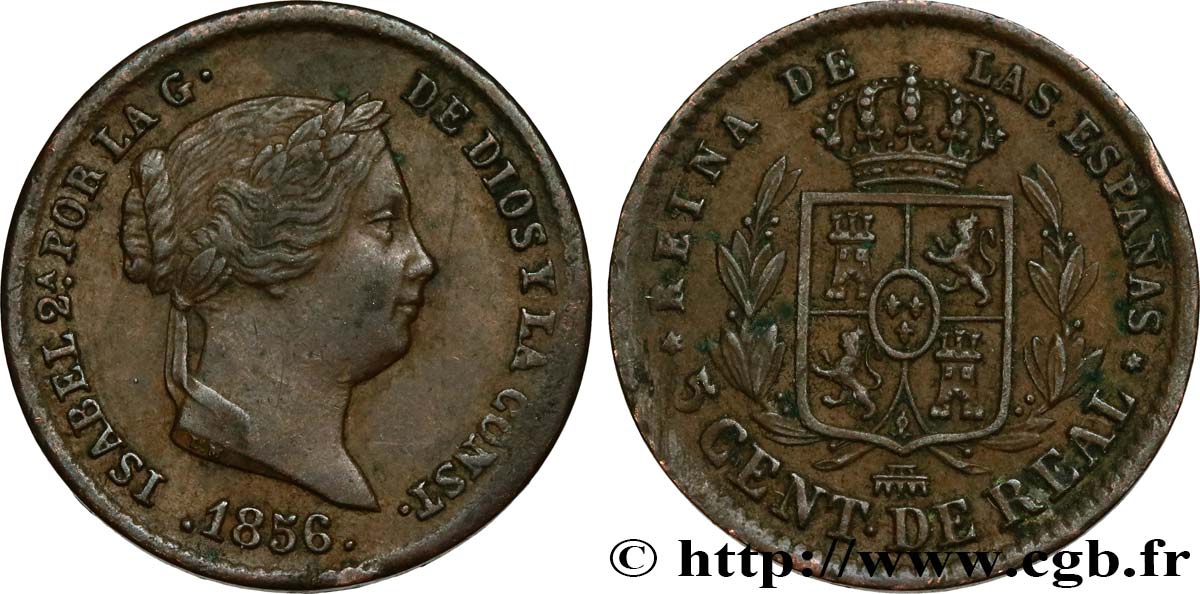 SPAIN 5 Centimos de Real Isabelle II 1856 Ségovie AU 