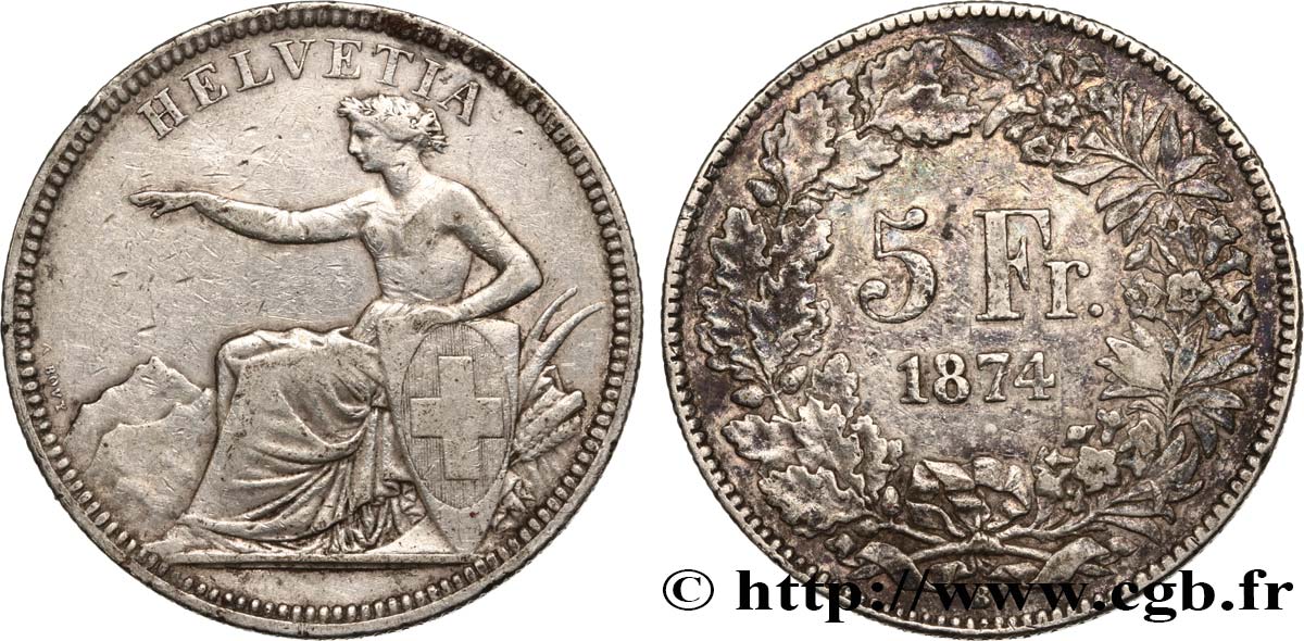 SVIZZERA  5 Francs Helvetia assise 1874 Bruxelles q.BB 