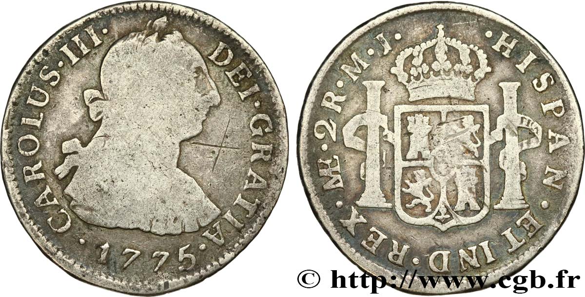 PÉROU 2 Reales Charles III tête laurée  / écu aux colonnes 1775 Lima TB 