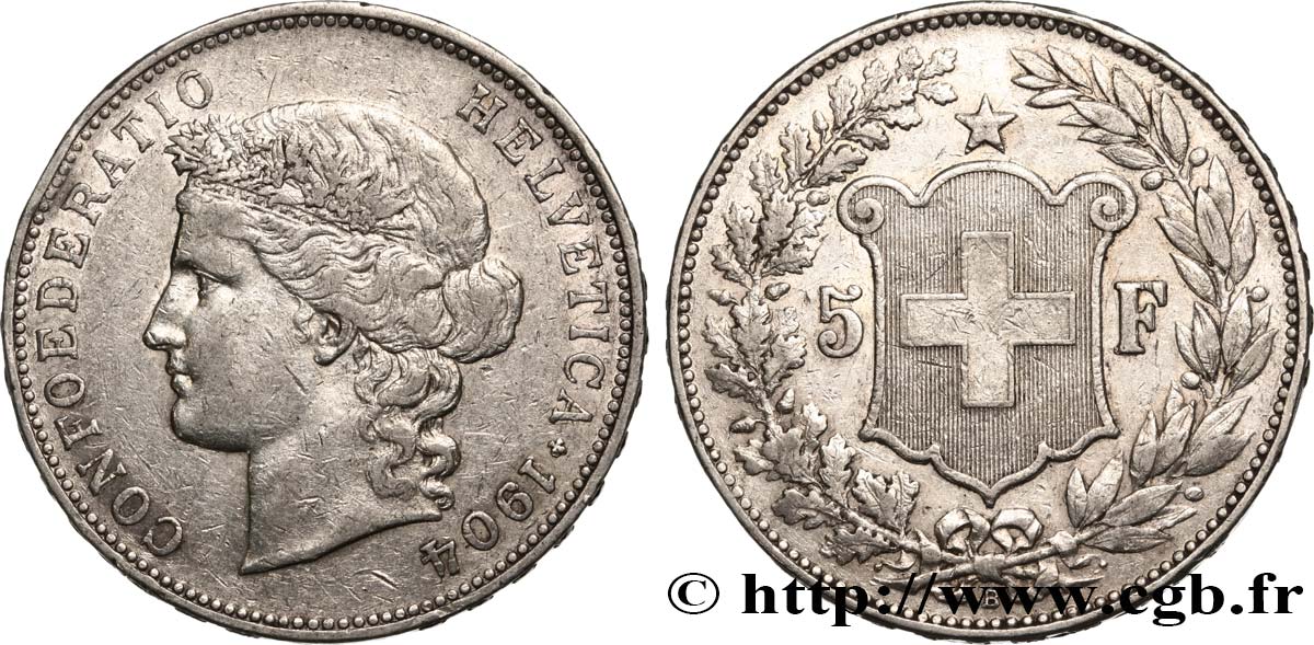 SWITZERLAND 5 Francs Helvetia 1904 Berne XF/AU 