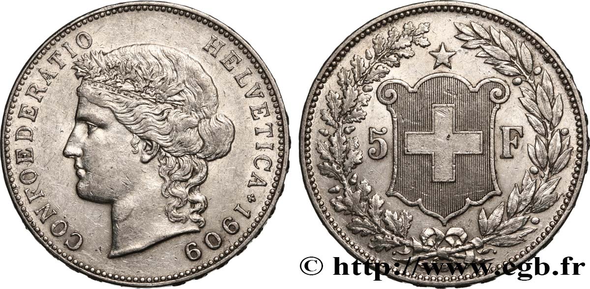 SWITZERLAND 5 Francs Helvetia 1909 Berne AU 