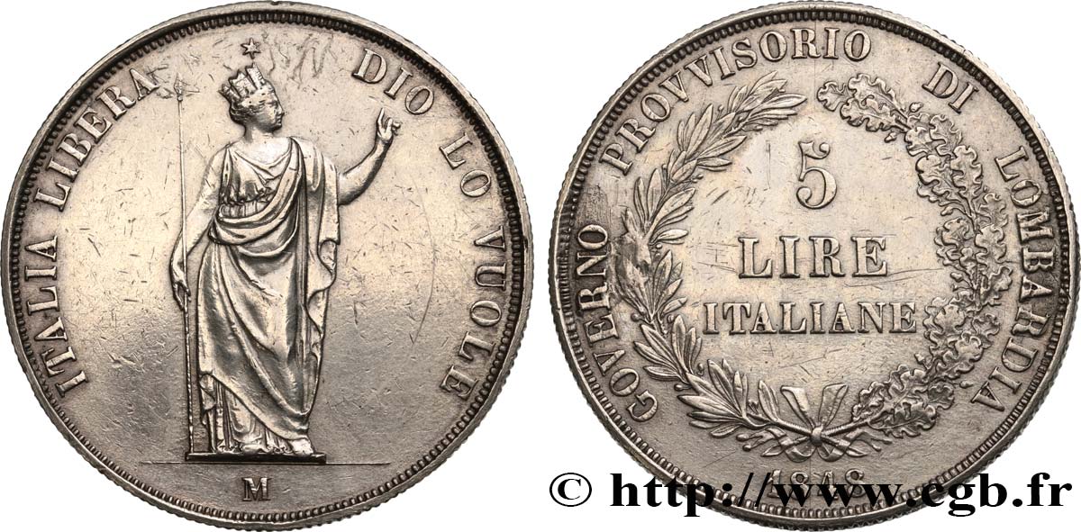 ITALY - LOMBARDY 5 Lire Gouvernement provisoire de Lombardie 1848 Milan XF/AU 