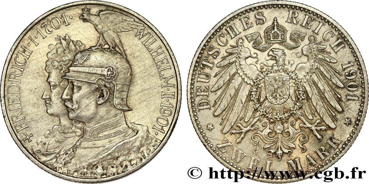ALLEMAGNE - PRUSSE 2 Mark Guillaume II 200e anniversaire de la Prusse 1901 Berlin SUP 
