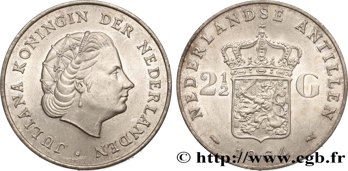 ANTILLES NÉERLANDAISES 2 1/2 Gulden reine Juliana 1964 Utrecht SPL 