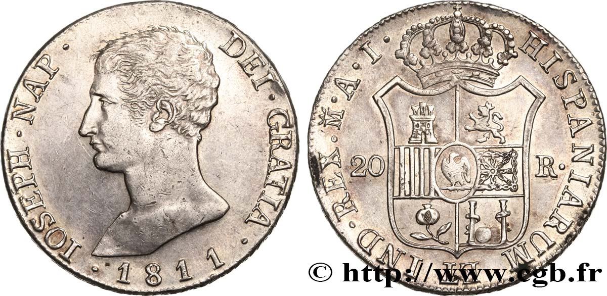 SPAIN - KINGDOM OF SPAIN - JOSEPH NAPOLEON 20 Reales ou 5 Pesetas 1811 Madrid AU 
