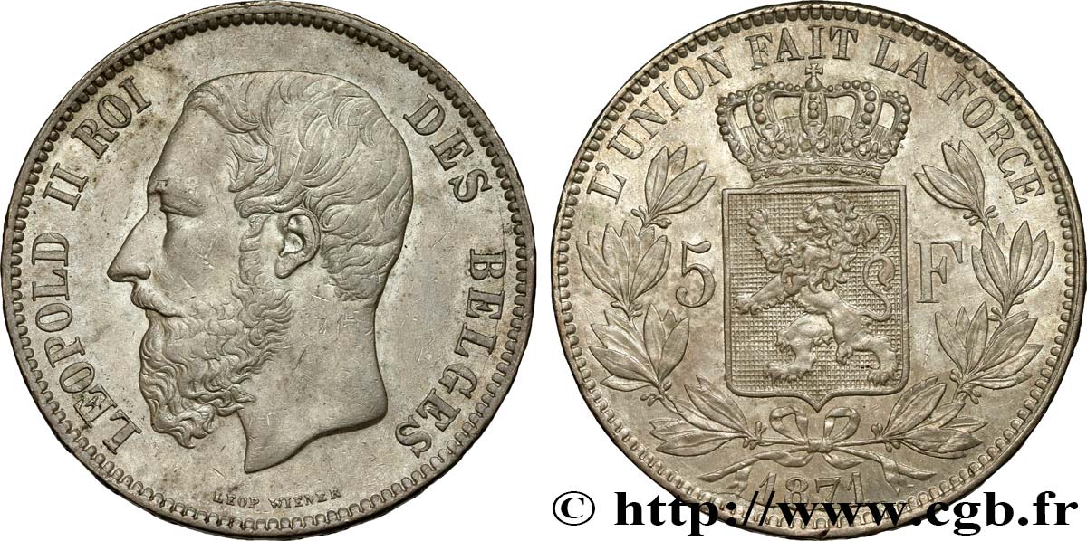 BELGIEN 5 Francs Léopold II 1871  VZ 