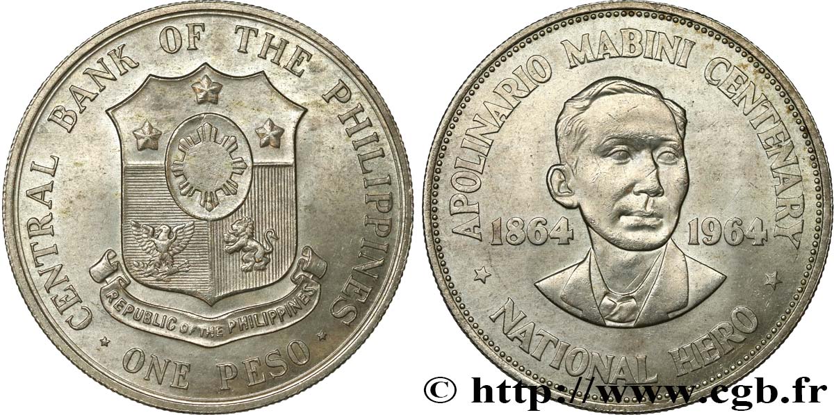 PHILIPPINES 1 Peso centenaire de la naissance d’Apolinaro Mabini 1964  SPL 