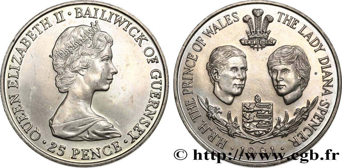 GUERNESEY 25 Pence Mariage Prince Charles et Lady Diana Spencer 1981  SUP 